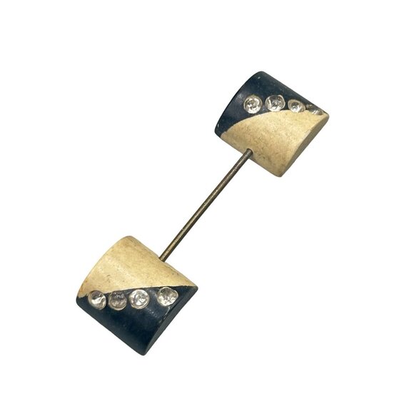 Vintage Black & Beige Jabot Pin with Rhinestone Accents Square Ends - Picture 1 of 6